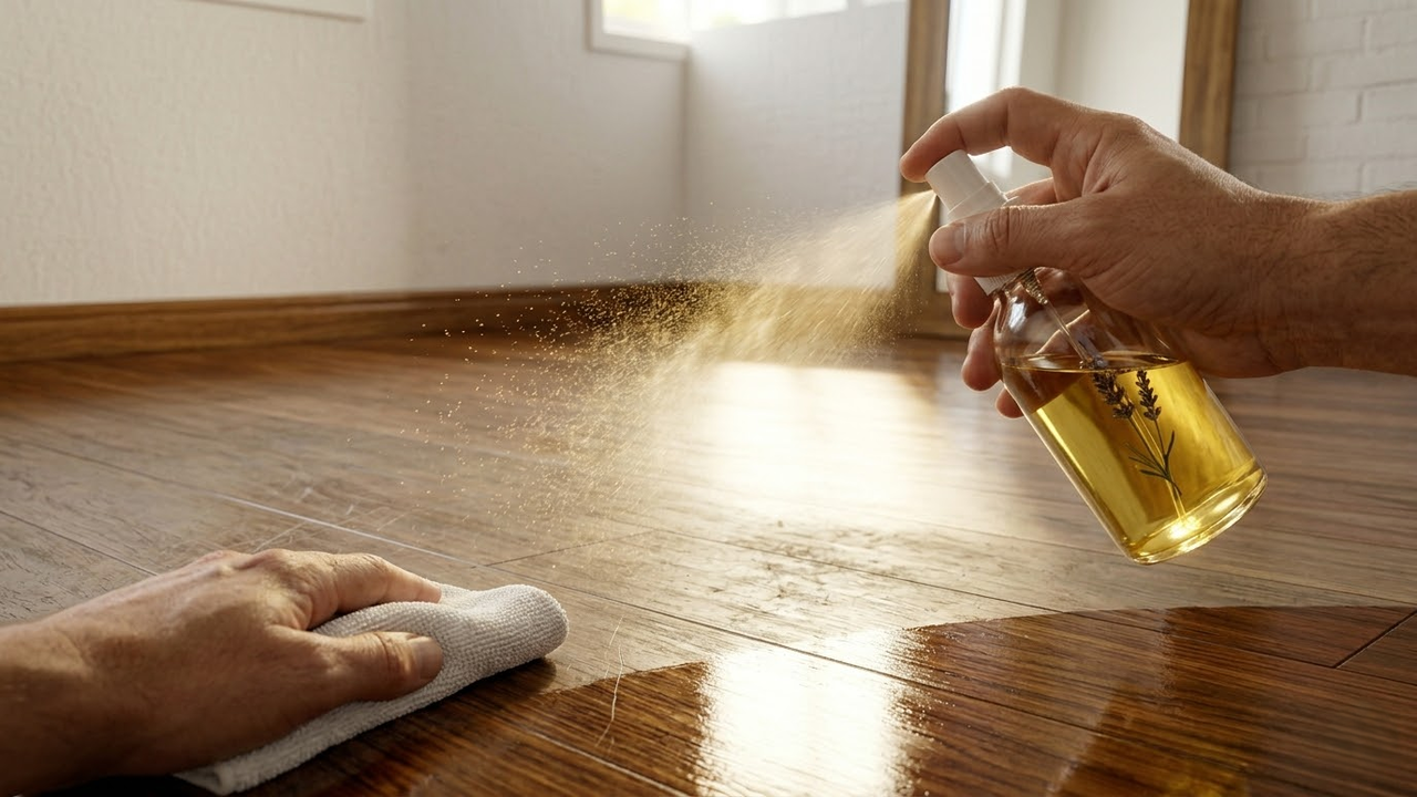Visão do usuário borrifando a mistura de azeite e vinagre em um piso fosco.
