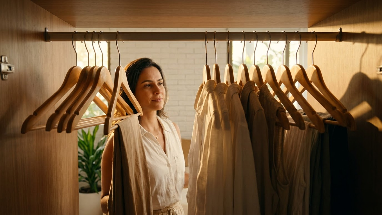 Cabideiro organizado com ganchos invertidos sob a luz quente do pôr do sol.
