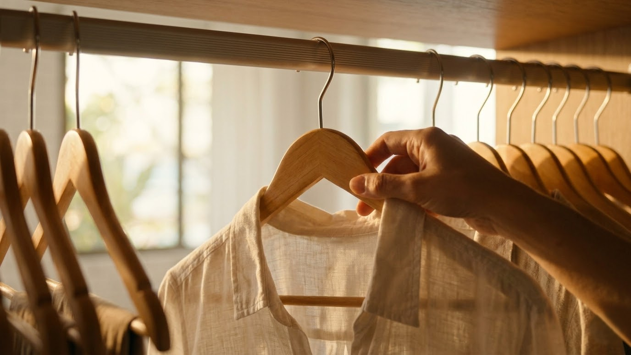 Close detalhado de mão devolvendo um cabide na posição correta após o uso.