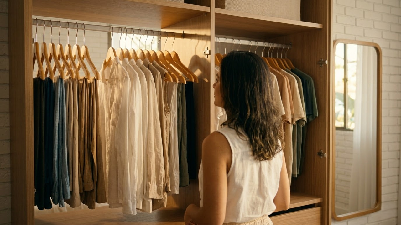 Mulher analisando as roupas não utilizadas após o período de seis meses.