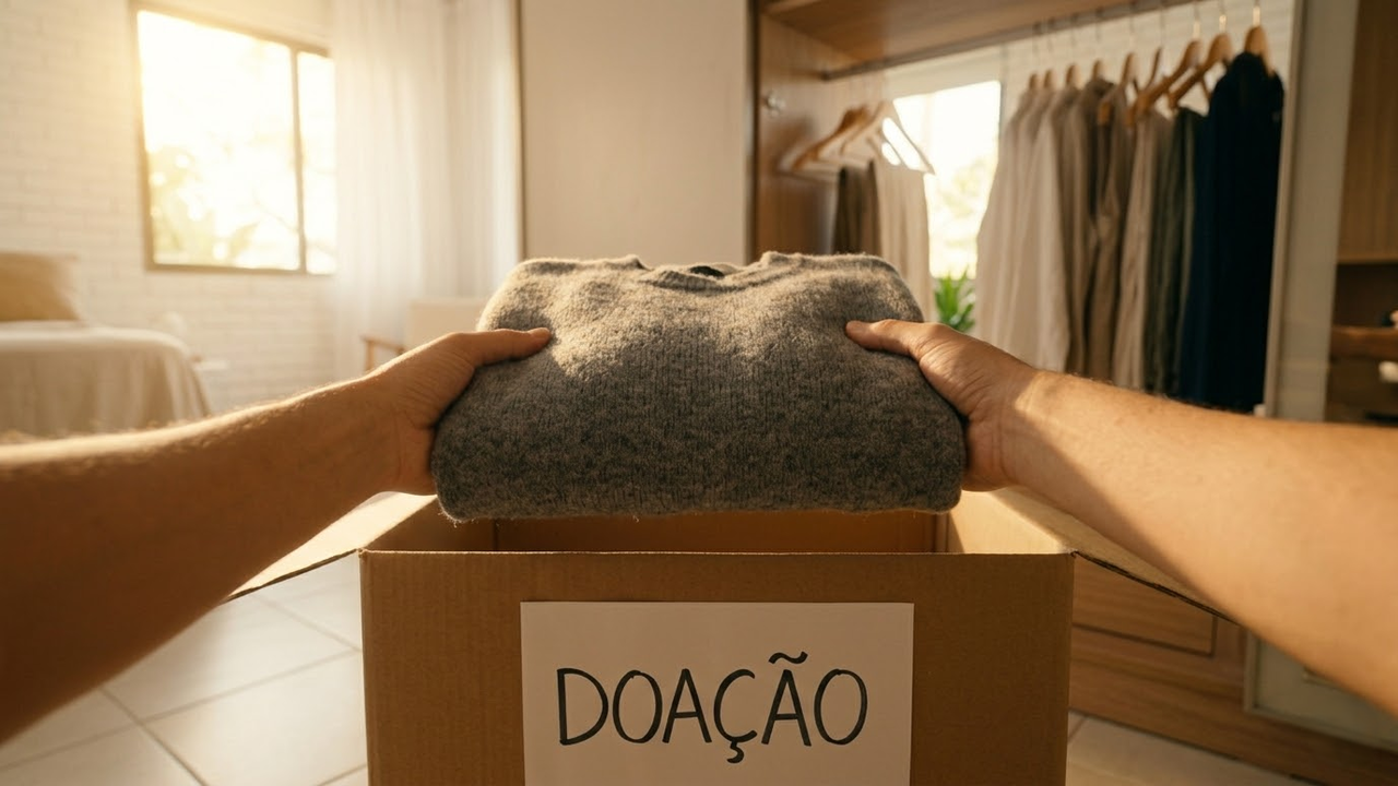 Visão em primeira pessoa colocando roupas em uma caixa de doação.
