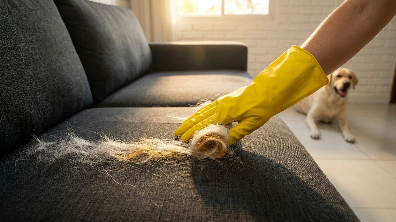 Mão com luva amarela removendo uma trilha de pelos brancos de um sofá cinza sob a luz do sol.