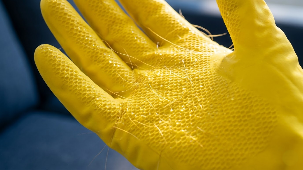 Close macro de pelos de cachorro presos na textura de uma luva de borracha úmida.