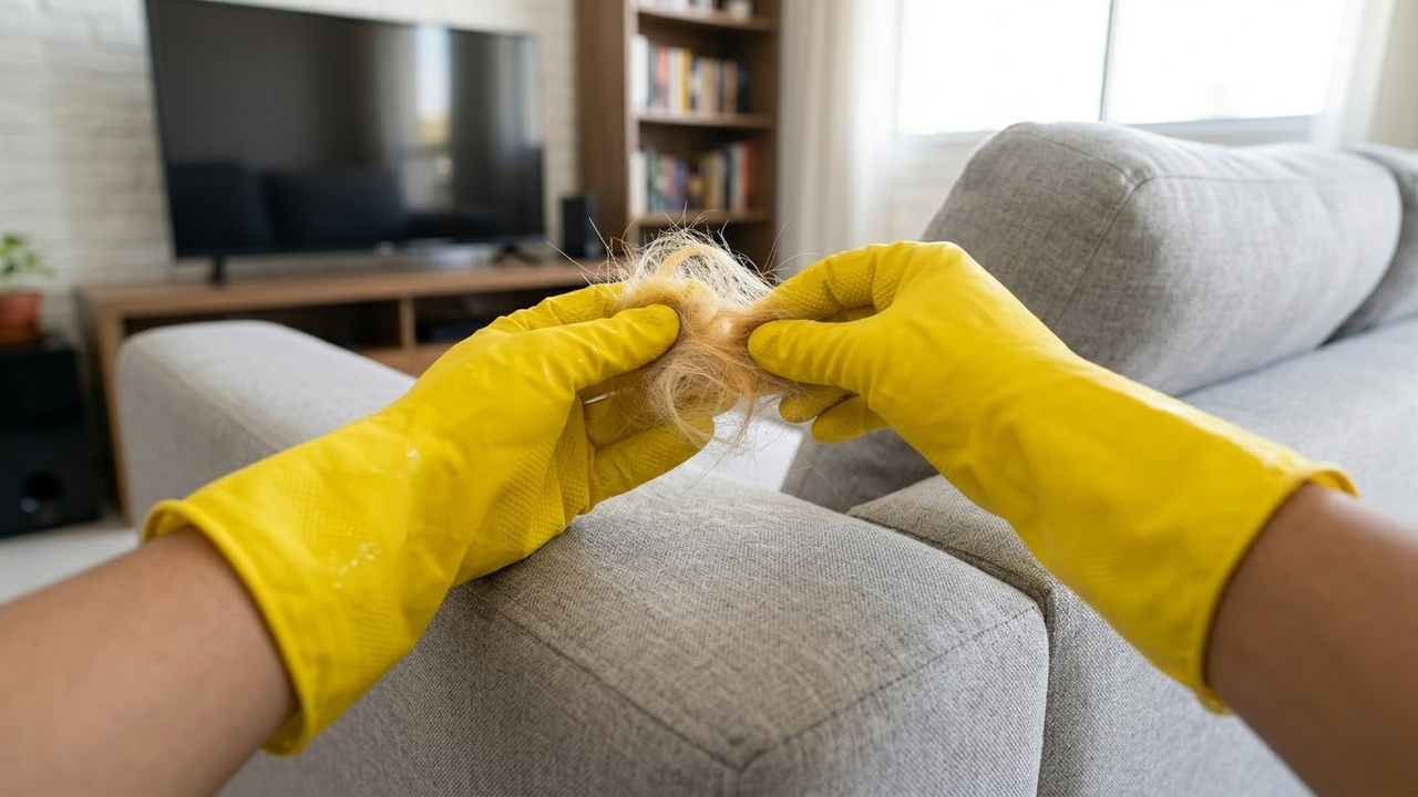 Visão em primeira pessoa retirando um bolo de pelos do canto de um sofá com a luva amarela.