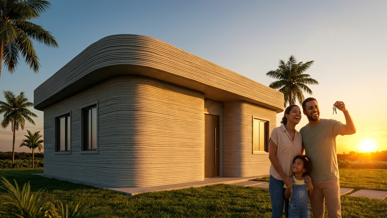 Família Brasileira sorridente diante de sua nova casa impressa em 3D ao pôr do sol.