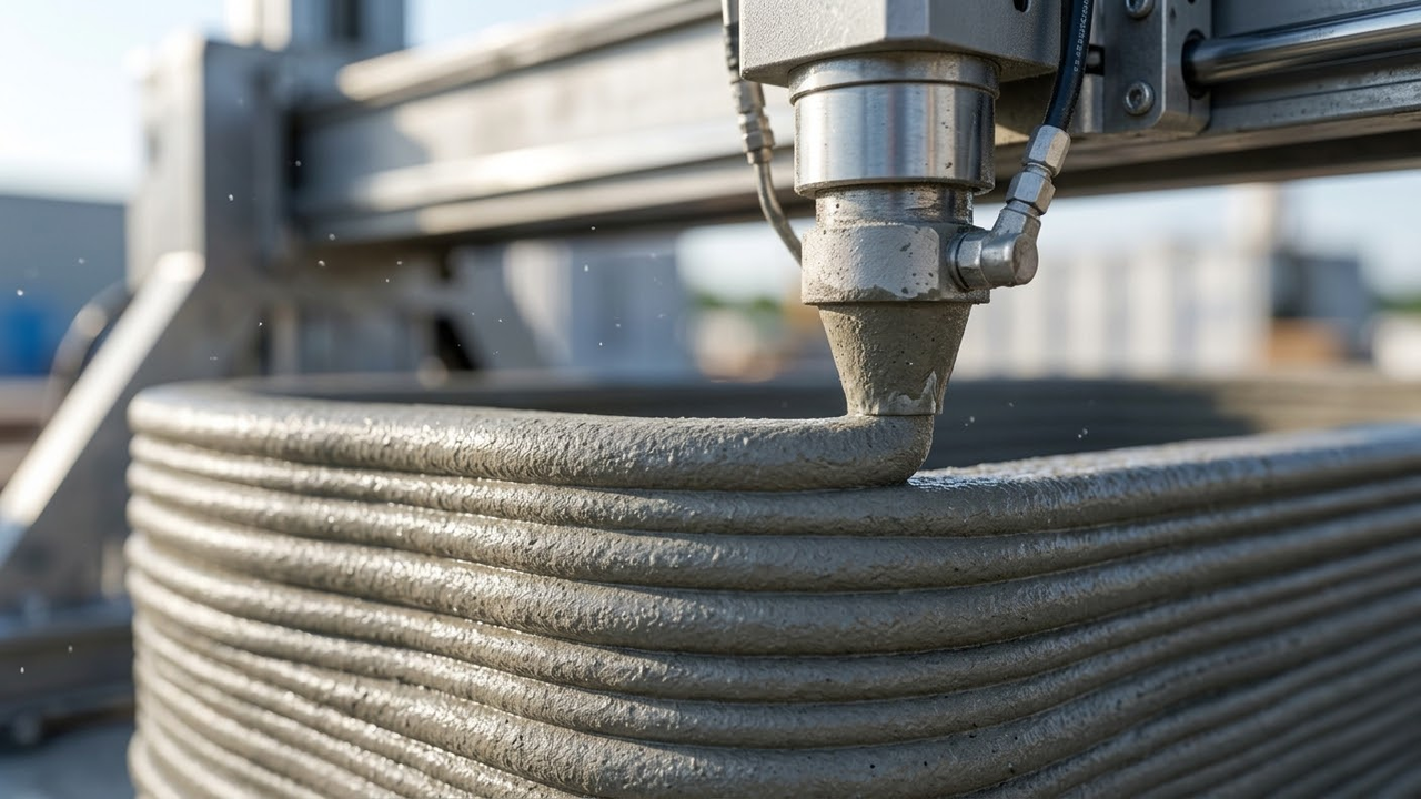 Close na extrusora robótica depositando camadas precisas de concreto especial.