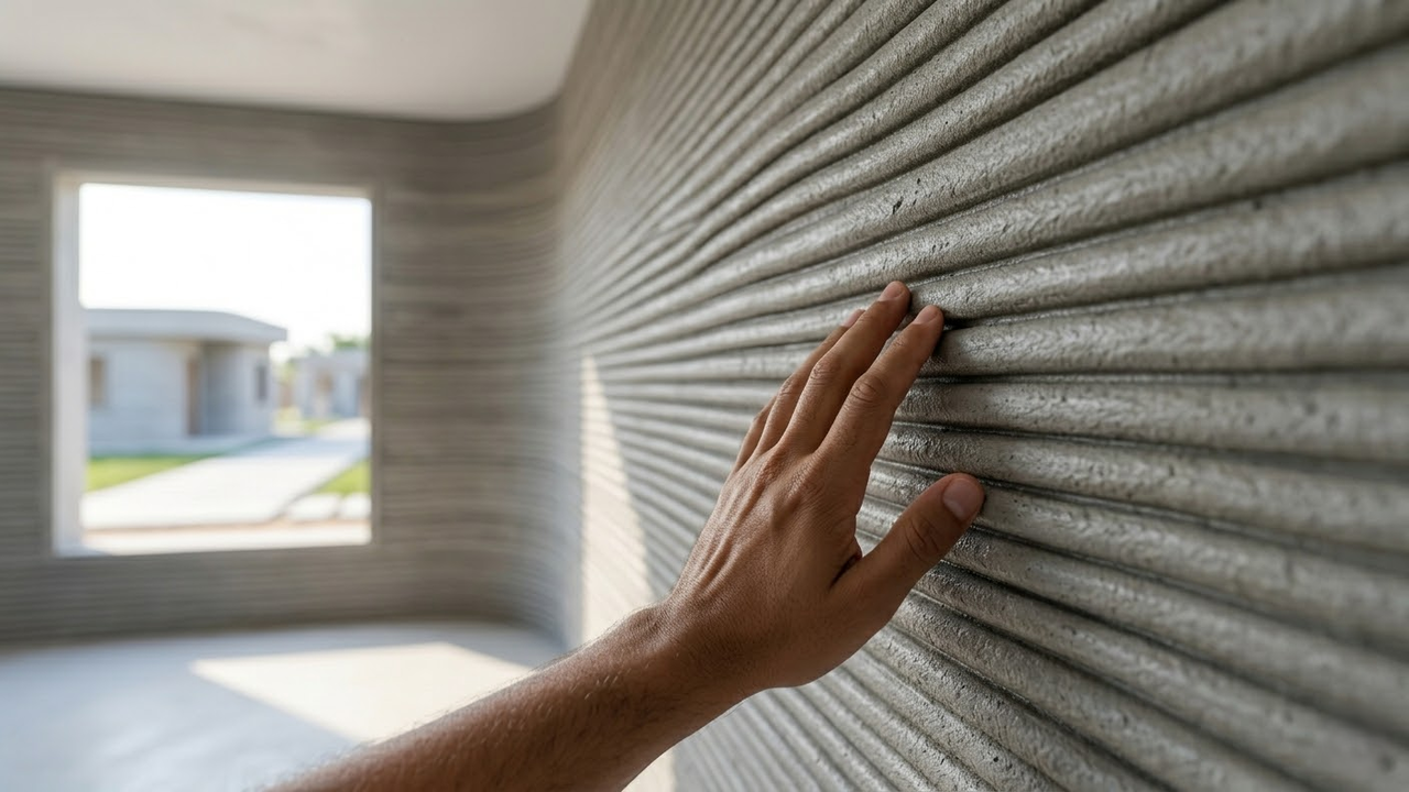 Visão em primeira pessoa tocando a textura ondulada da parede de concreto impressa.