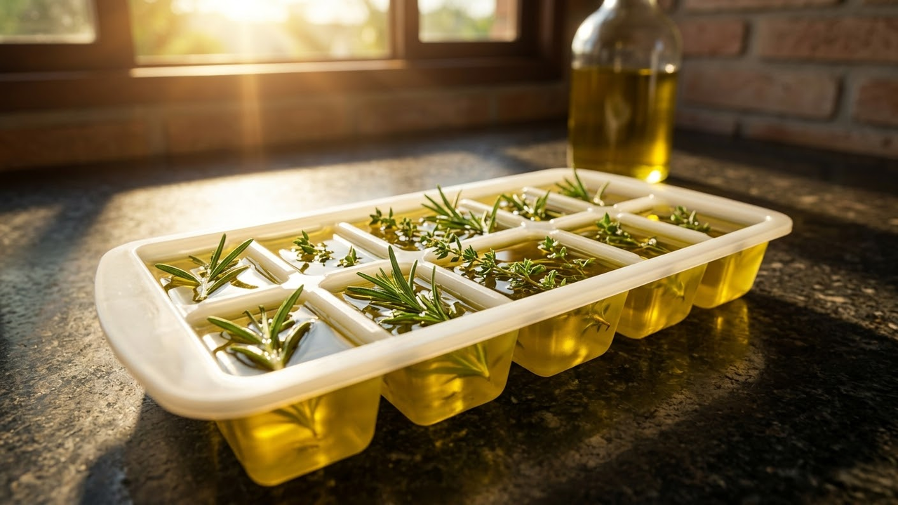 Cubos de azeite com ervas frescas brilhando sob o sol tropical.