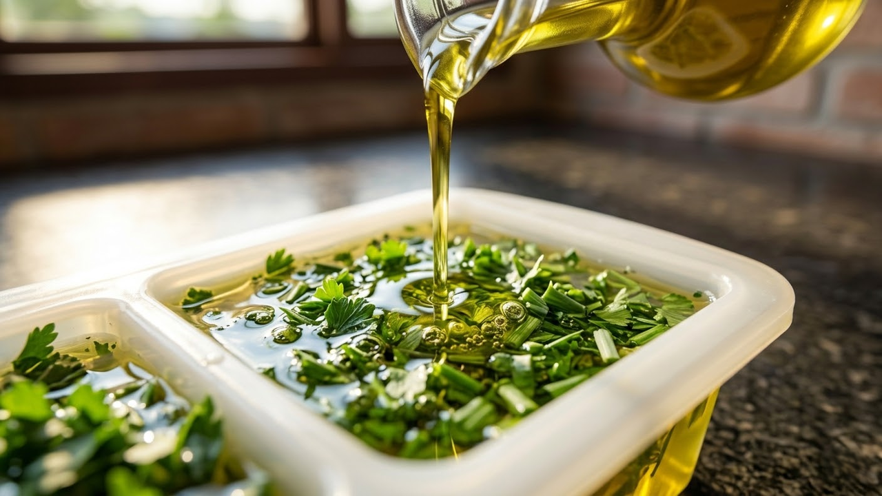 Azeite dourado cobrindo ervas picadas em close cinematográfico.