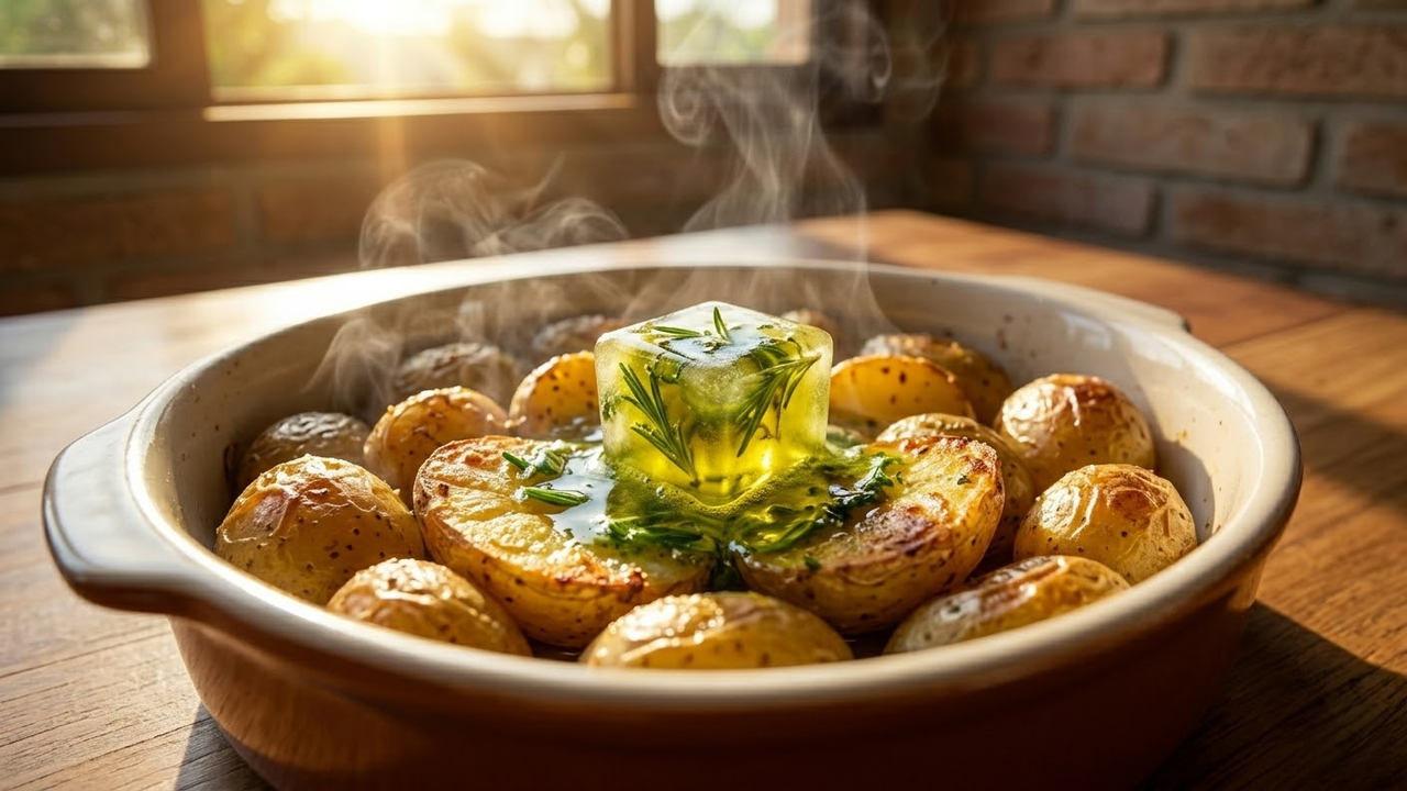 Batatas assadas com um cubo de tempero derretendo em destaque.