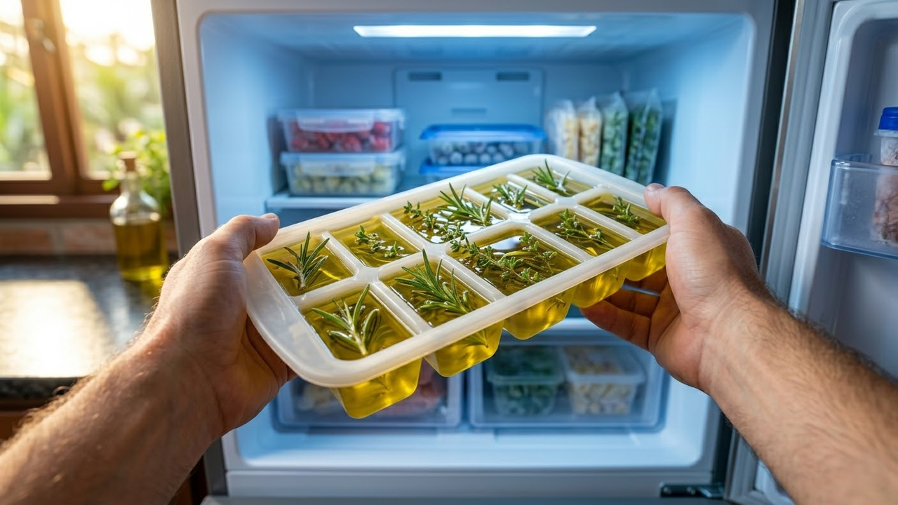 Visão em primeira pessoa colocando a forma de gelo no freezer.