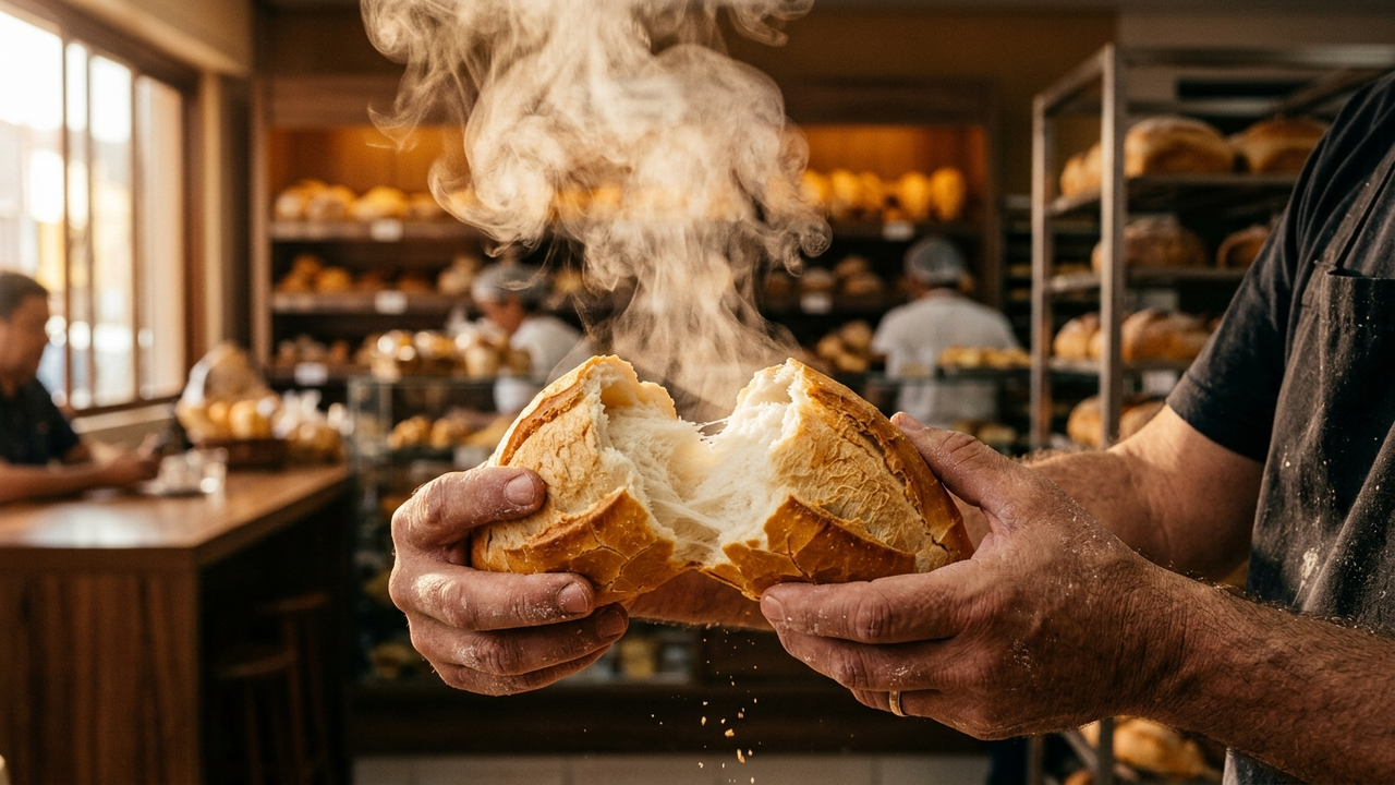 Pão francês fumegante sendo partido em uma padaria tradicional.