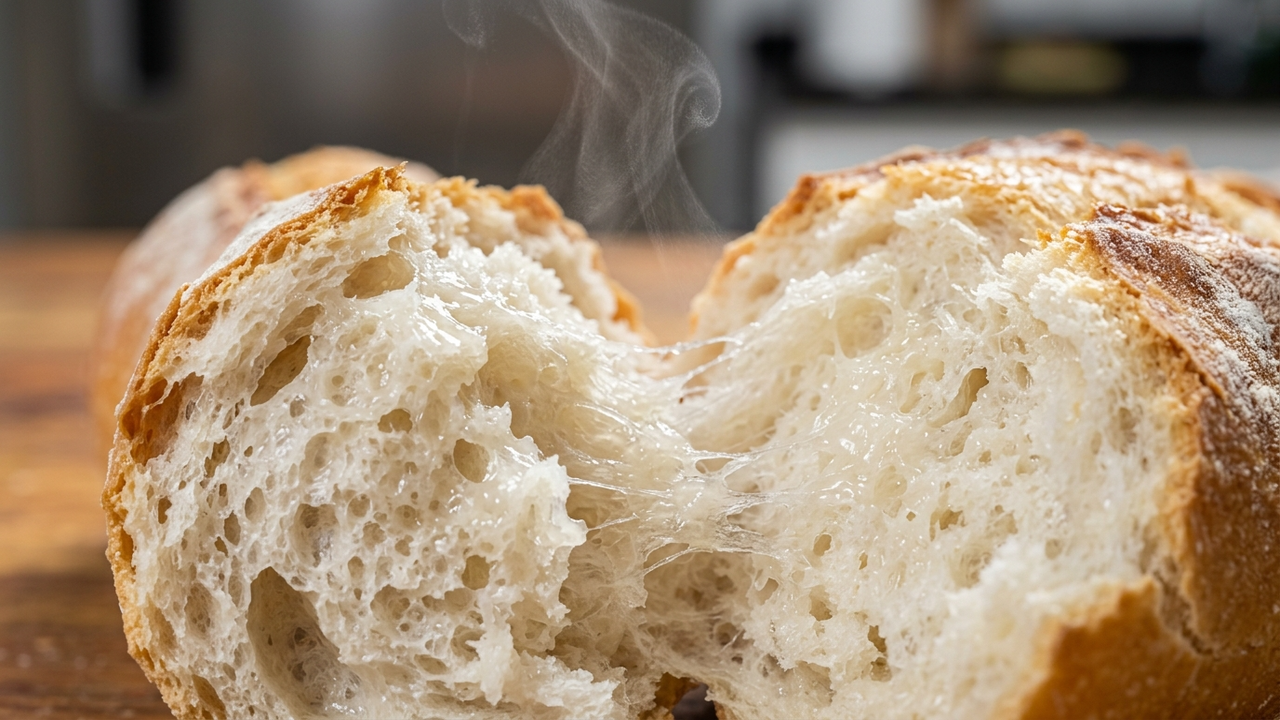 Detalhe macro do miolo úmido e elástico de um pão quente.