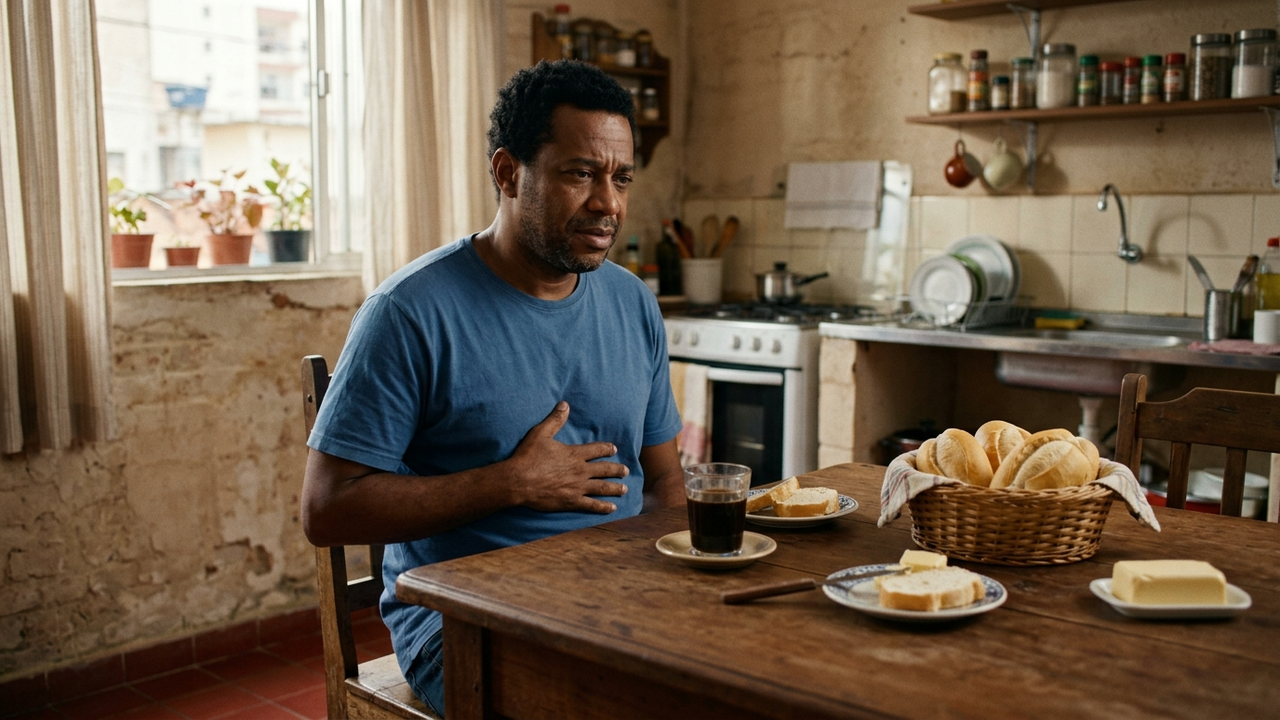 Homem sentindo desconforto abdominal à mesa do café da manhã.
