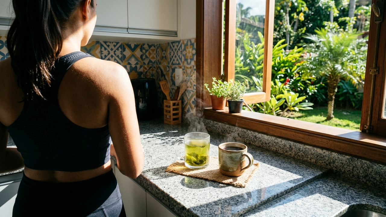 Comparação visual entre chá-verde e café em uma cozinha brasileira.