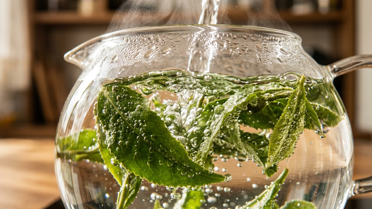 Close macro de folhas de chá-verde em infusão na água quente.