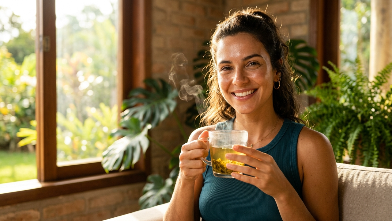 Mulher brasileira saudável segurando uma xícara de chá-verde fumegante.