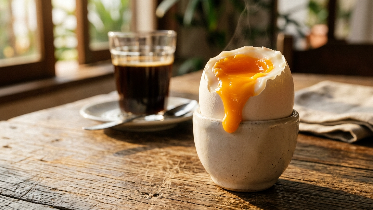 Ovo com gema cremosa escorrendo em um café da manhã ensolarado.