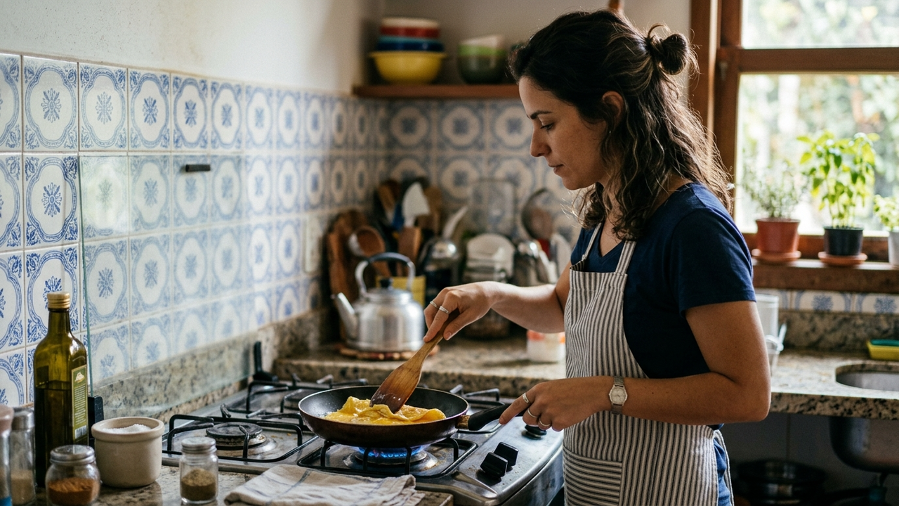 Cozinhando omelete em fogo baixo em uma cozinha brasileira real.