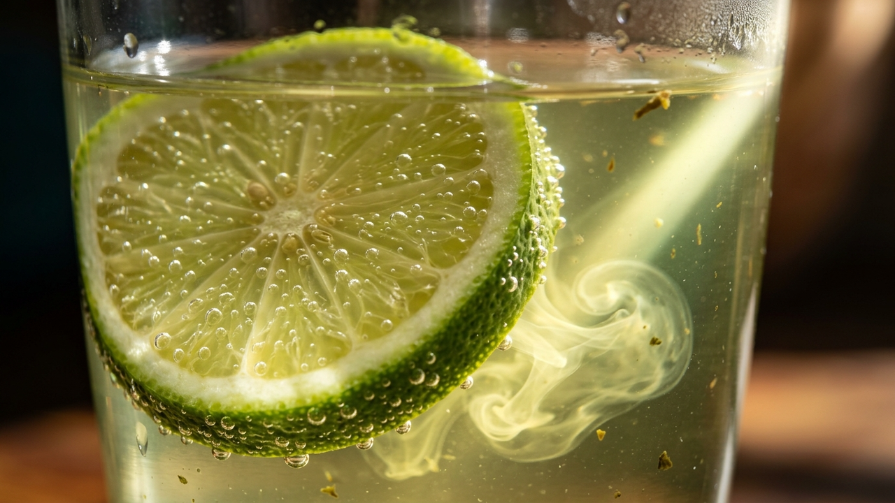 Close macro de uma fatia de limão mergulhada no chá-verde.