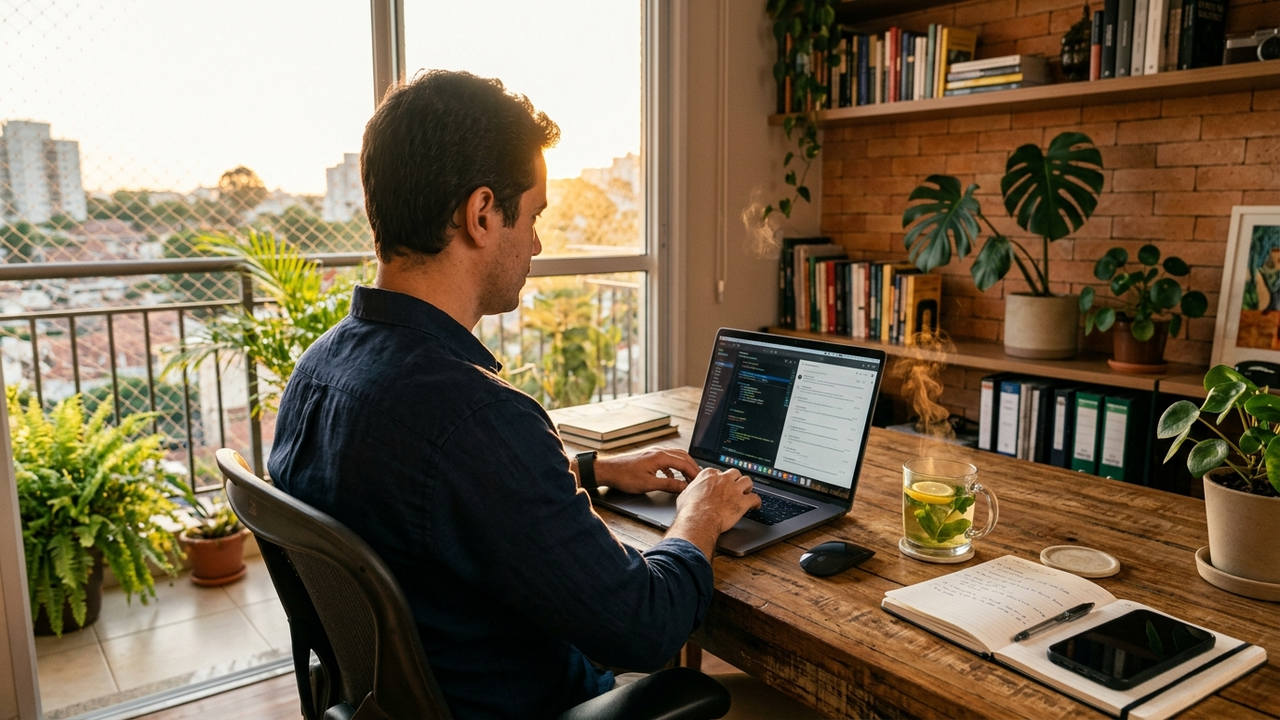 Chá-verde com limão sobre uma mesa de trabalho durante o pôr do sol