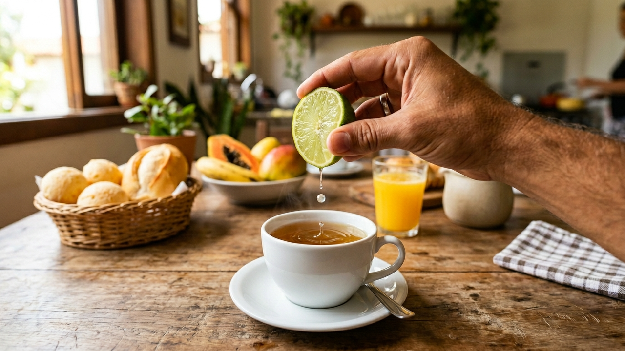 Perspectiva em primeira pessoa pingando gotas de limão na xícara de chá.
