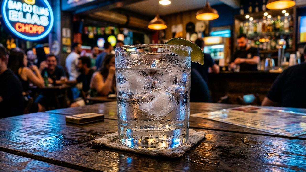 Copo de vodca com gelo em um bar sob luzes de neon.