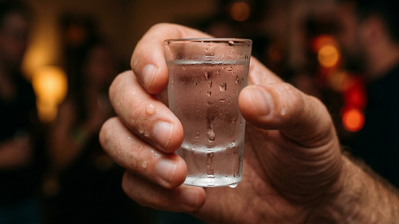 Detalhe de uma mão trêmula segurando um copo de vodca.