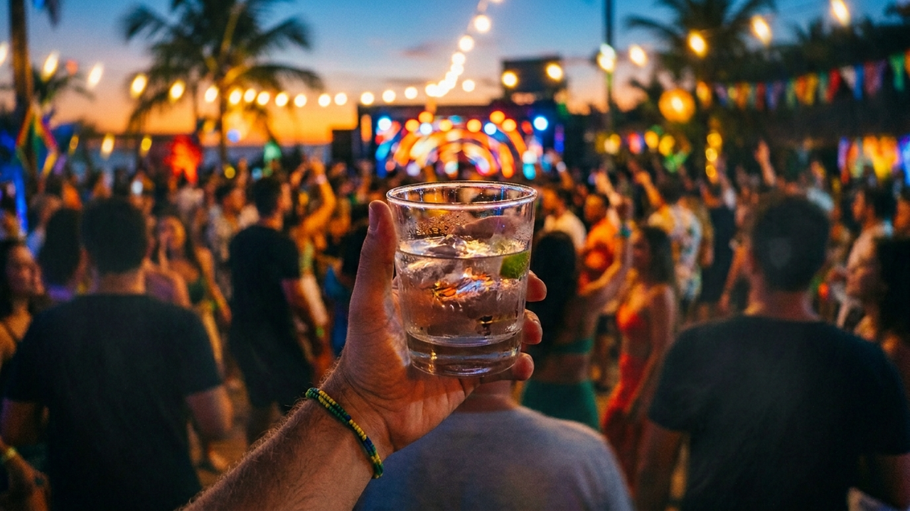 Detalhe de uma mão trêmula segurando um copo de vodca.
