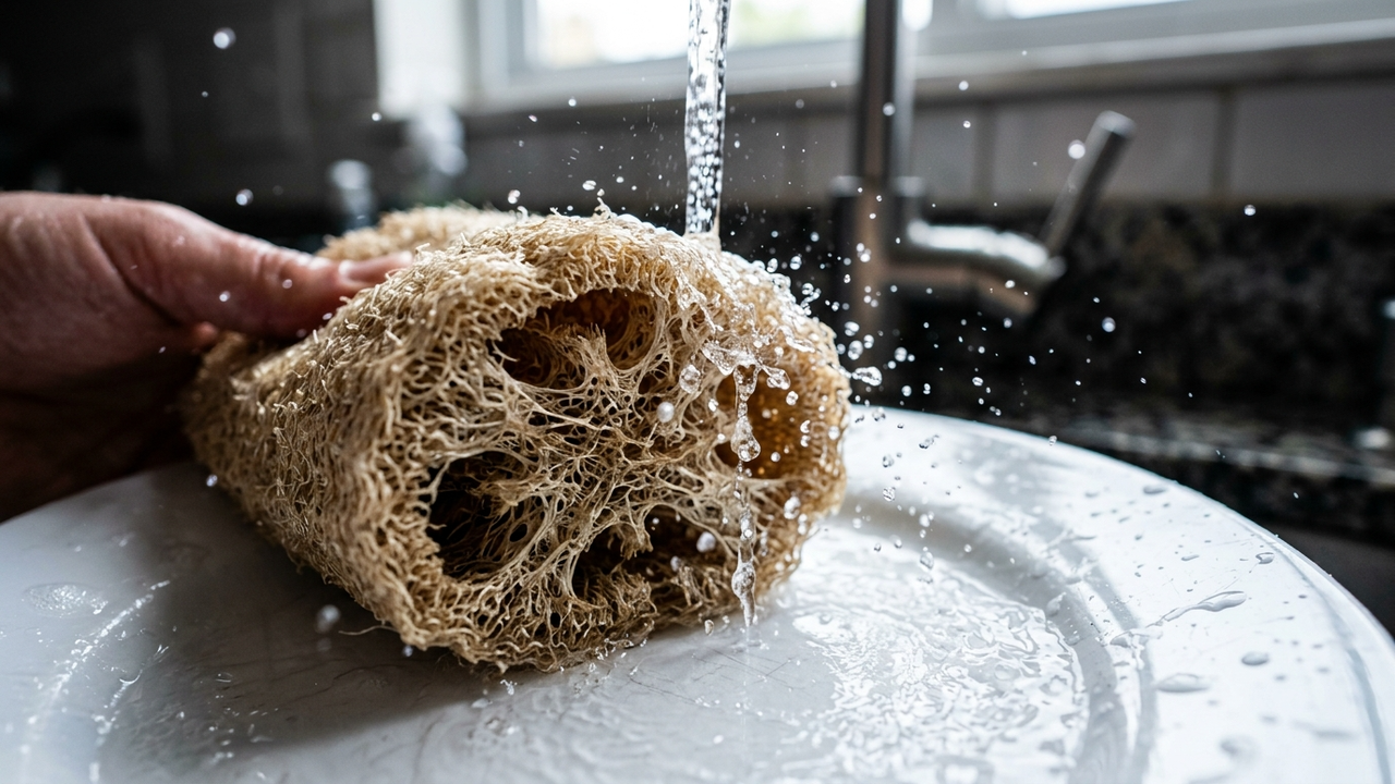 Close macro de uma bucha vegetal limpando um prato sob a água.