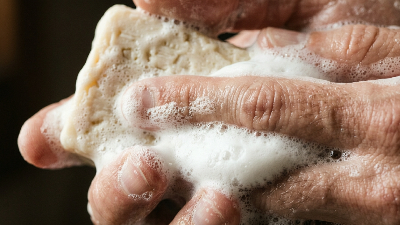 Detalhe de mãos produzindo uma espuma densa e cremosa com o sabonete sólido.