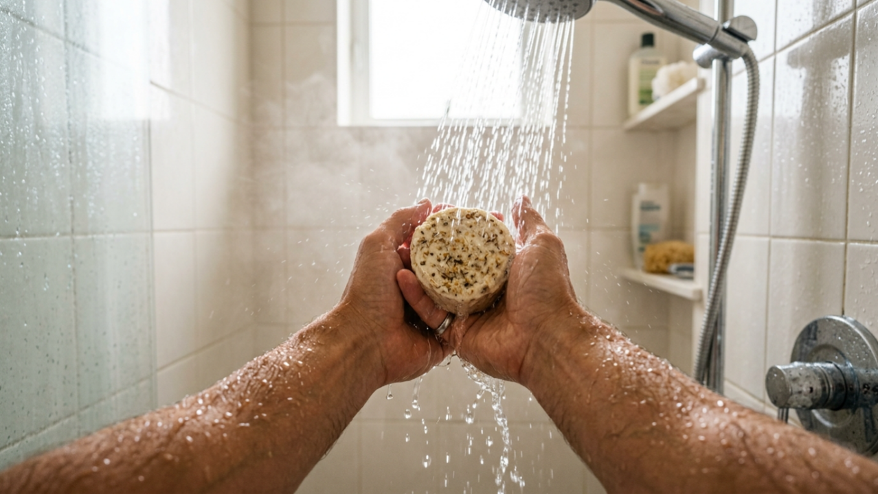 Visão em primeira pessoa segurando o sabonete sólido sob a água do chuveiro.