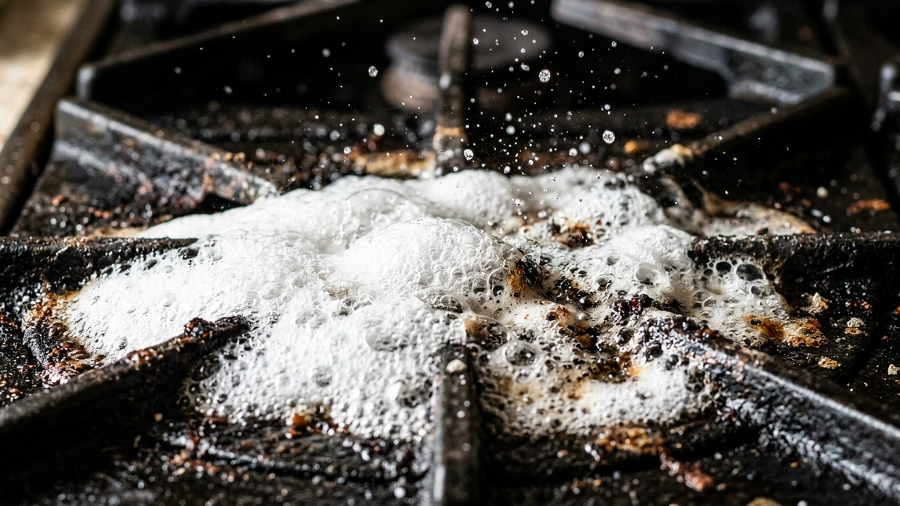 Close macro da reação efervescente derretendo a gordura do queimador.