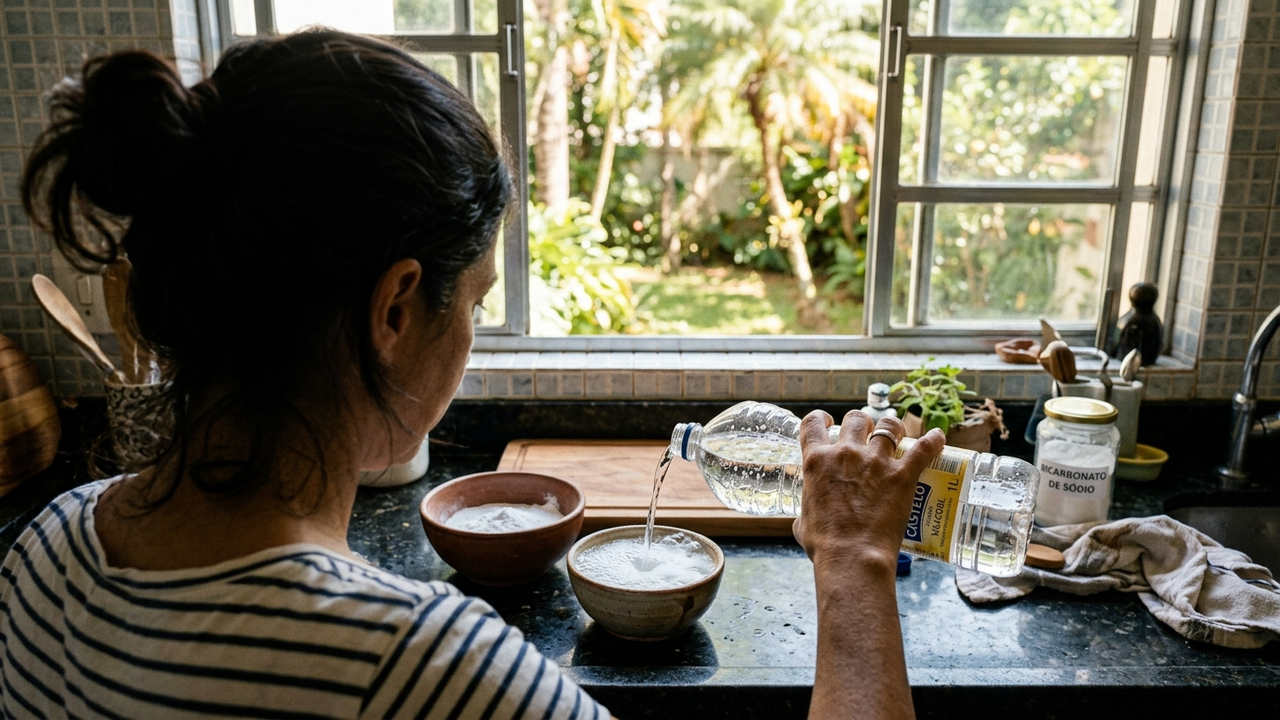 Pessoa preparando a mistura de vinagre e bicarbonato na pia da cozinha.