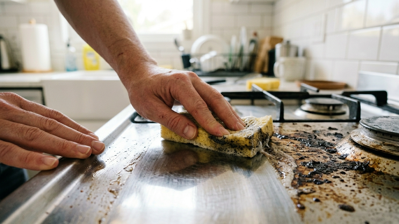 Visão em primeira pessoa removendo a gordura do fogão sem esforço.