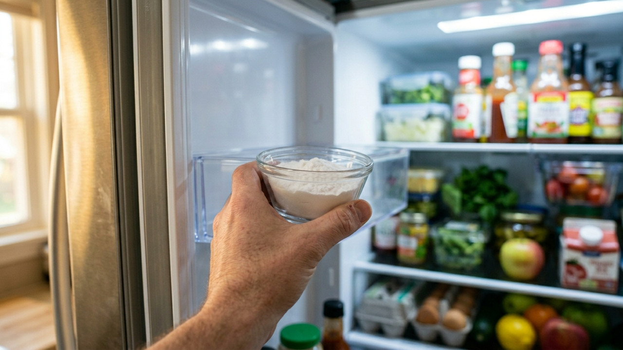 Visão em primeira pessoa colocando um pote de bicarbonato na geladeira.