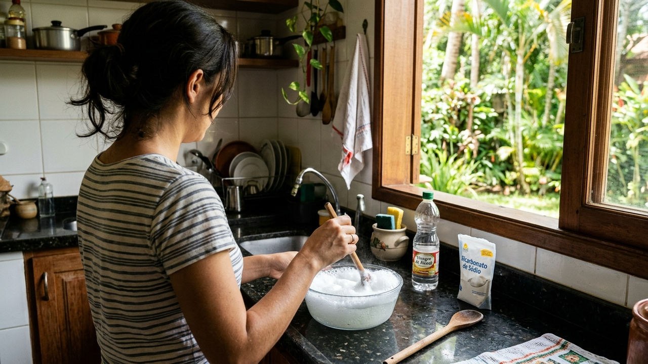 Pessoa preparando a mistura efervescente de vinagre e bicarbonato na pia.