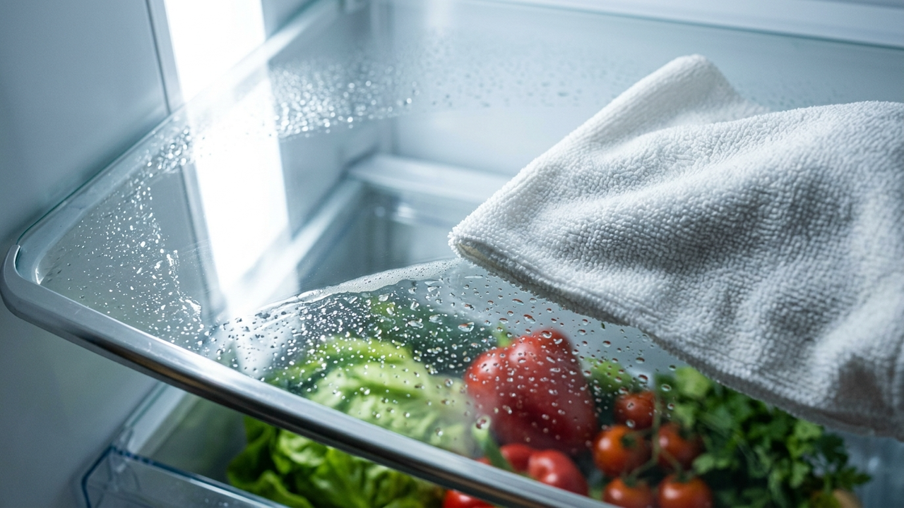 Close macro de um pano limpando uma prateleira de vidro brilhante.