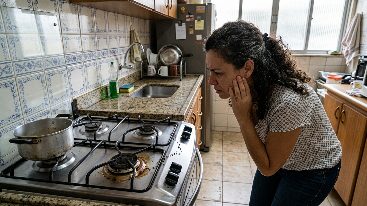 Mulher observando trilha de formigas em um fogão de inox.