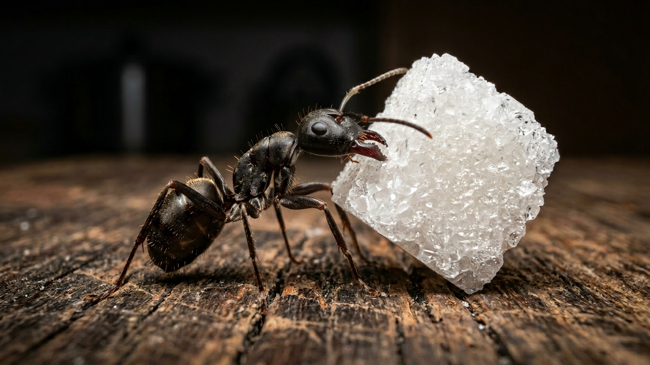 Close macro de uma formiga carregando um cristal de açúcar.