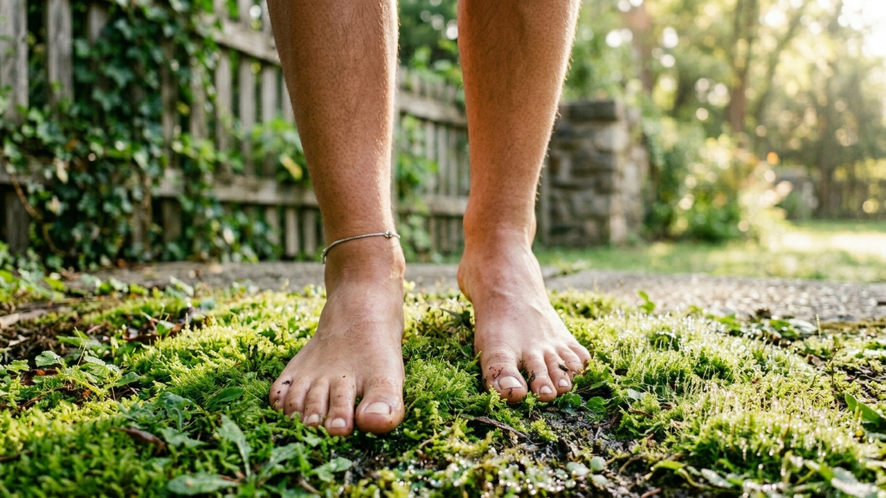Visão em primeira pessoa de pés sobre musgo e terra úmida.