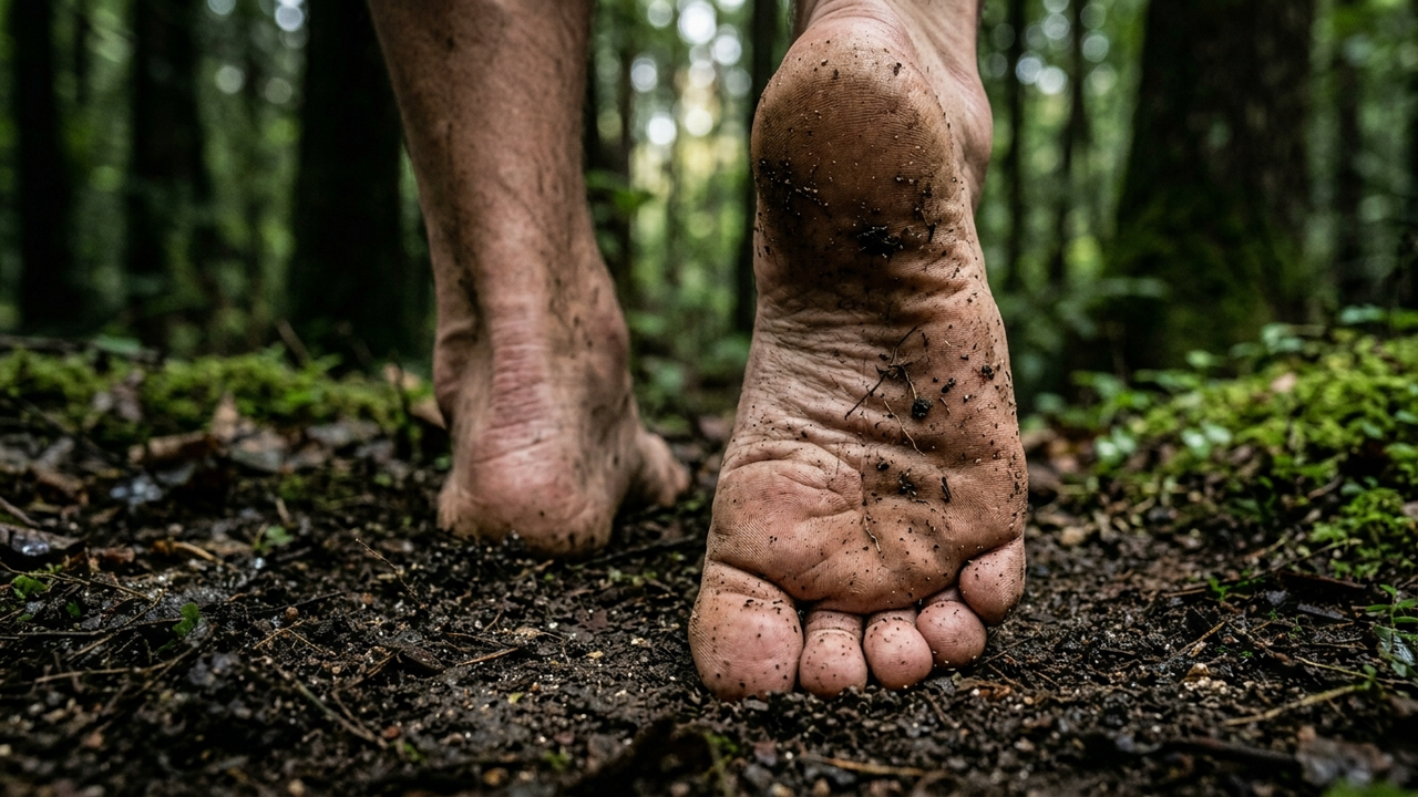 Close macro de pés descalços em contato com a terra úmida.