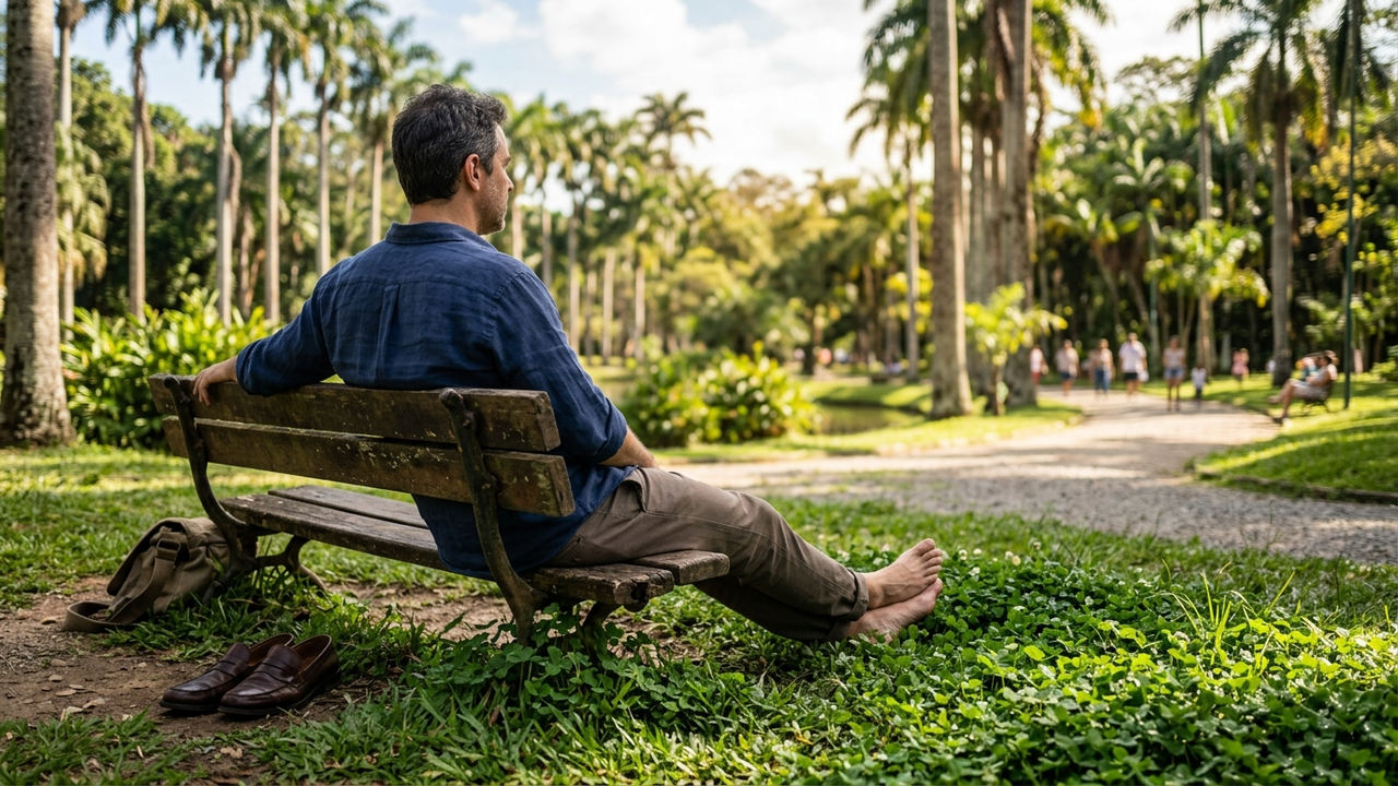 Homem descansando os pés na grama em um parque público brasileiro.