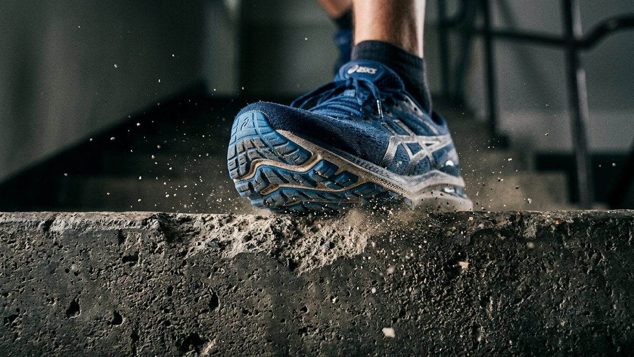 Close macro do impacto do tênis contra o degrau de concreto.