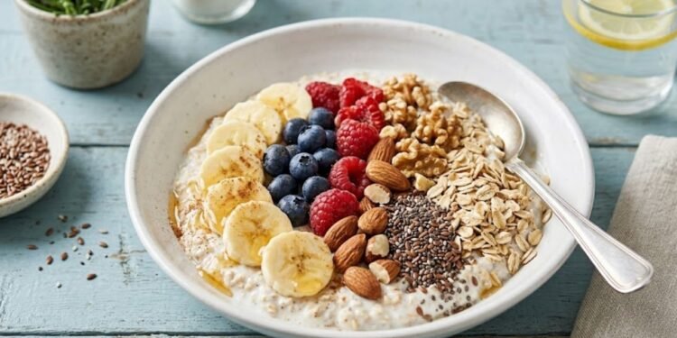 Um exemplo prático é o bowl de iogurte com aveia, frutas e sementes