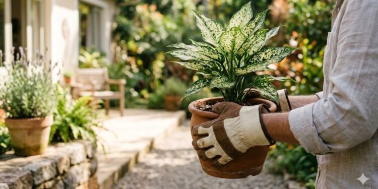 Uma pessoa usando luvas de jardinagem resistentes segura um vaso de cerâmica com uma planta "Comigo-ninguém-pode" em um jardim ensolarado e bem cuidado ao fundo. A imagem tem foco nítido na planta e nas mãos, transmitindo uma sensação de cuidado, segurança e manutenção profissional do jardim.