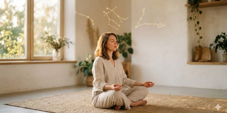 Fotografia minimalista de uma pessoa em estado de calma profunda e meditação, com as constelações de Áries, Gémeos e Peixes brilhando suavemente ao seu redor. A cena utiliza iluminação quente e um fundo desfocado para transmitir serenidade, segurança e controle emocional.