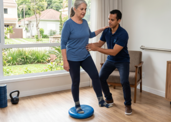 Fisioterapeutas recomendam: a partir dos 55 anos é importante treinar o equilíbrio diariamente, usar apoio em casa, evitar quedas e fortalecer tornozelos