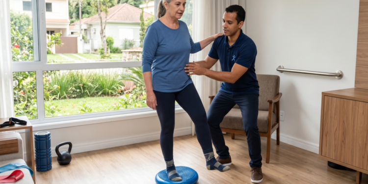Fisioterapeutas recomendam: a partir dos 55 anos é importante treinar o equilíbrio diariamente, usar apoio em casa, evitar quedas e fortalecer tornozelos
