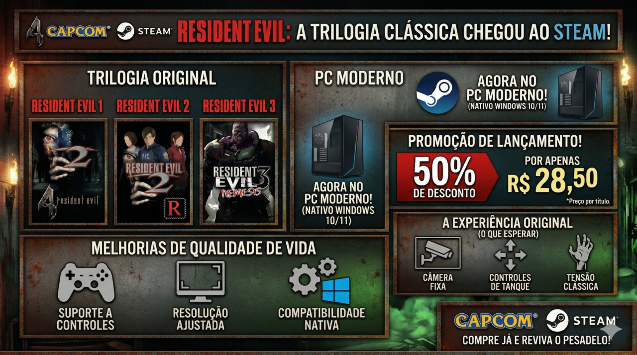 Infográfico em formato horizontal (16:9) sobre o lançamento da trilogia clássica de Resident Evil no Steam. O fundo tem um estilo sombrio e industrial com tons de verde e ferrugem. No topo, os logotipos da Capcom e Steam acompanham o título "Resident Evil: A Trilogia Clássica Chegou ao Steam!". O design apresenta seções separadas por molduras metálicas detalhando a promoção de 50% de desconto (R$ 28,50 por título), compatibilidade nativa com Windows 10/11, melhorias como suporte a controles e resolução ajustada, além de ícones ilustrando a jogabilidade clássica: câmera fixa, controles de tanque e tensão.